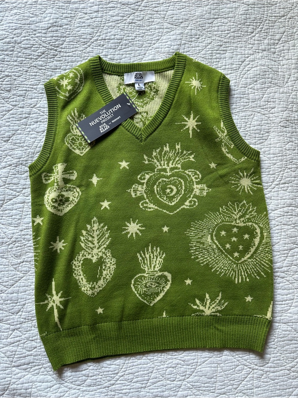 Women's Green V-Neck Knit Vest with Heart Motif